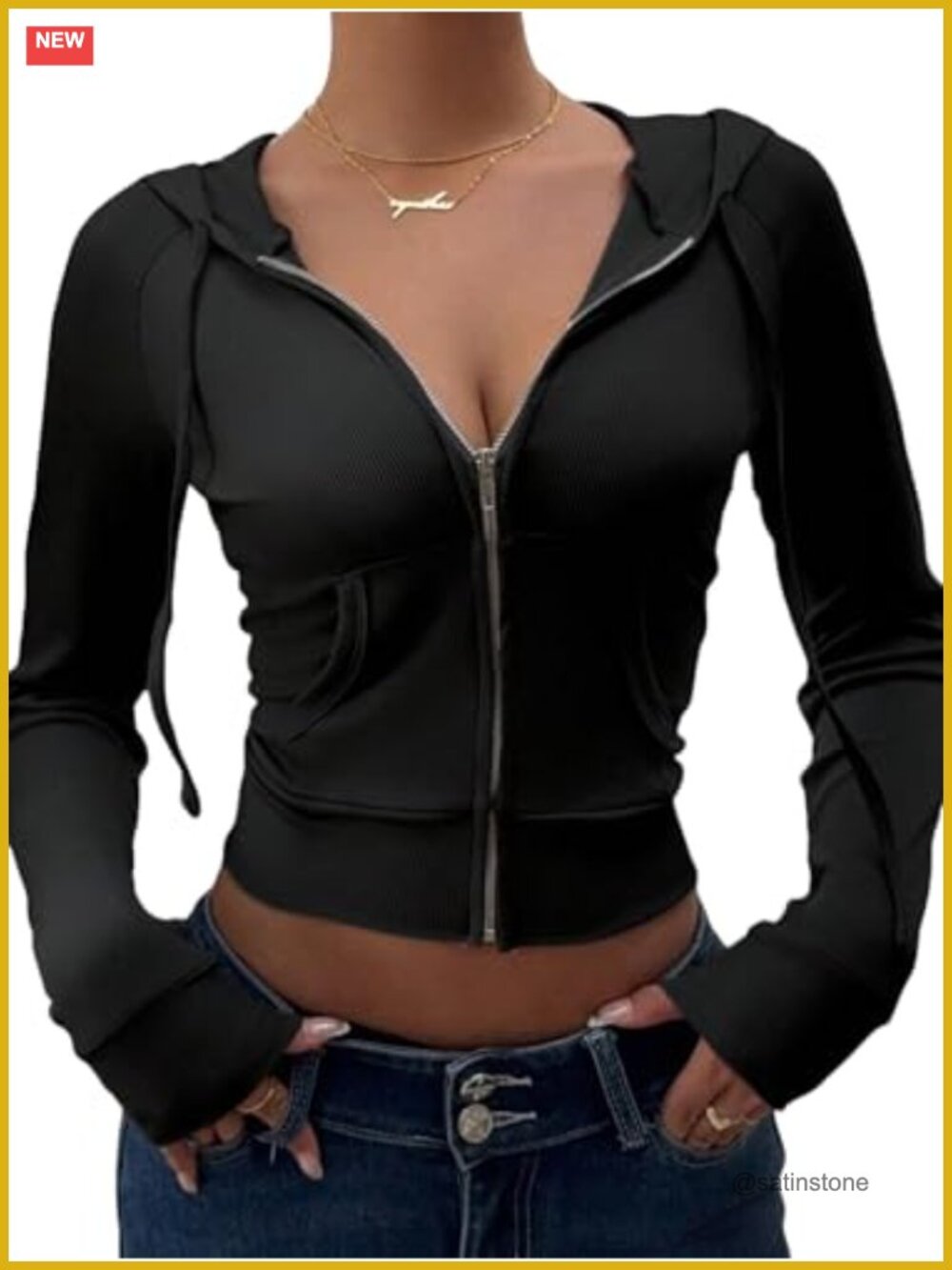 Slim Fit Cropped Zip Up Hoodie with Pockets Ribbed Knit Y2K